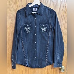 Wired heart medium cotton western country Embroidered Black Denim Shirt V‎